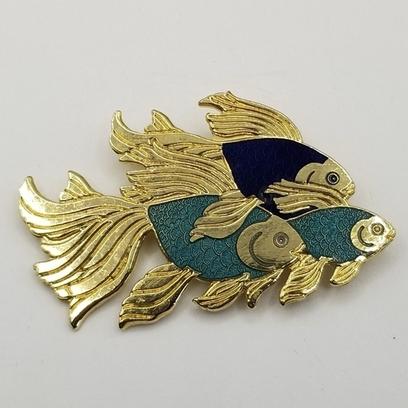 Fish Crown Enamel Gold Tone Bar Pin Brooch Vintage Angel Koi Fish Swimming Blue - Picture 5 of 12